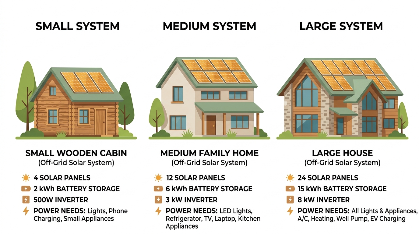 Off-grid solar system sizes comparison