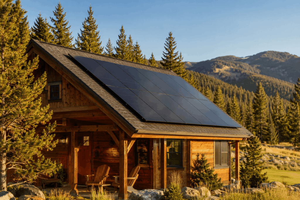 Solar panels on off-grid cabin roof