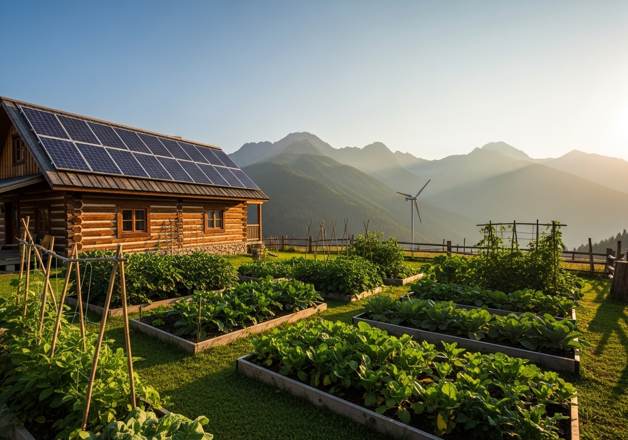 Off-grid cabin with solar panels and vegetable garden at golden hour